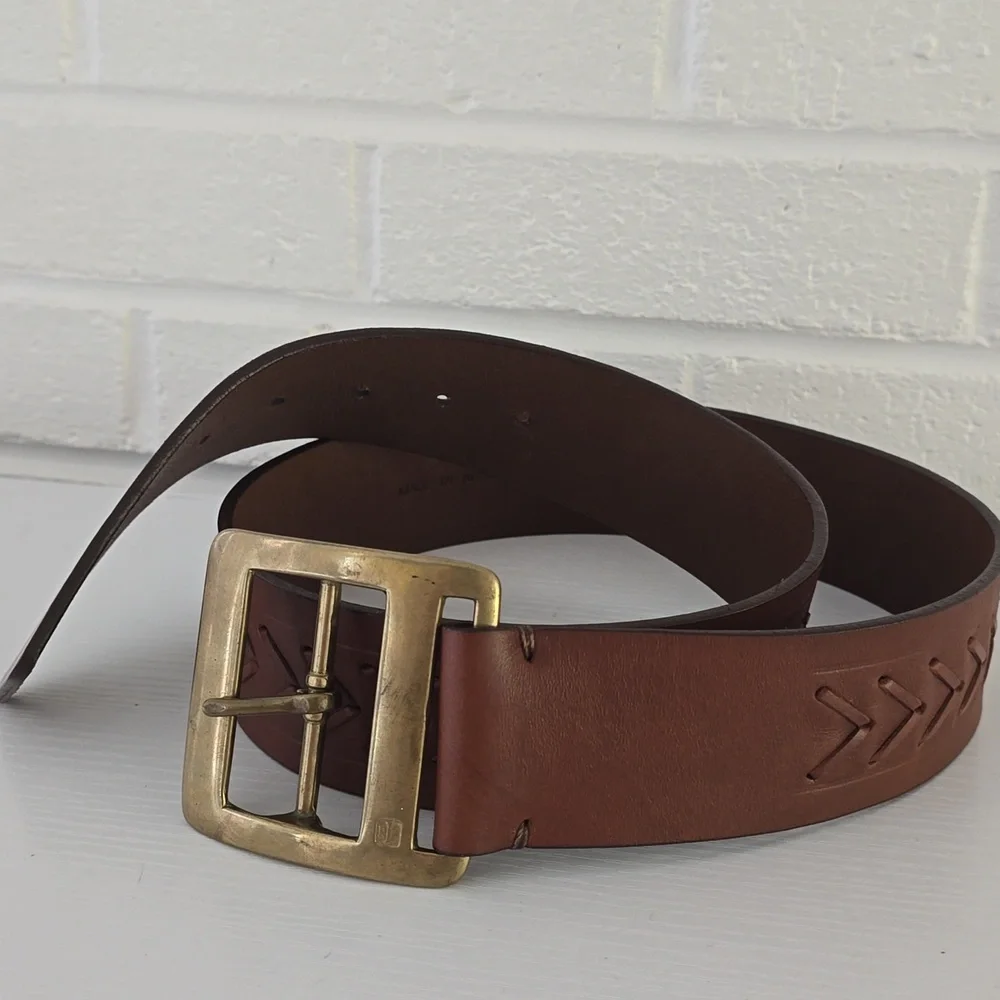 LAUREN Ralph Lauren Women's Tan Whipstitch Leather Belt Size L